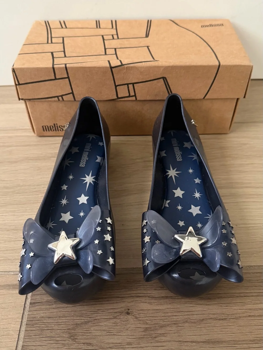Mini Melissa Ultragirl Navy Metallic Blue Jelly Flats with Silver Star Accents